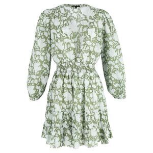Maje Shirred Floral Printed Mini Dress in Green Cotton